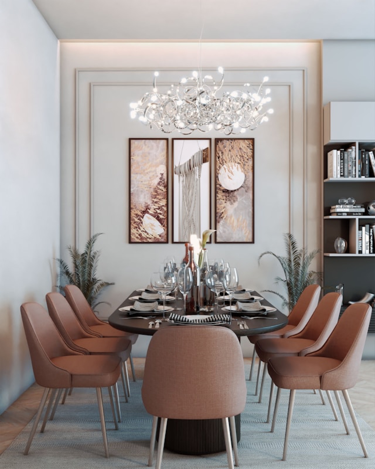 Dining room with natural-tone artwork, terracotta upholstered chairs, and a sculptural chandelier